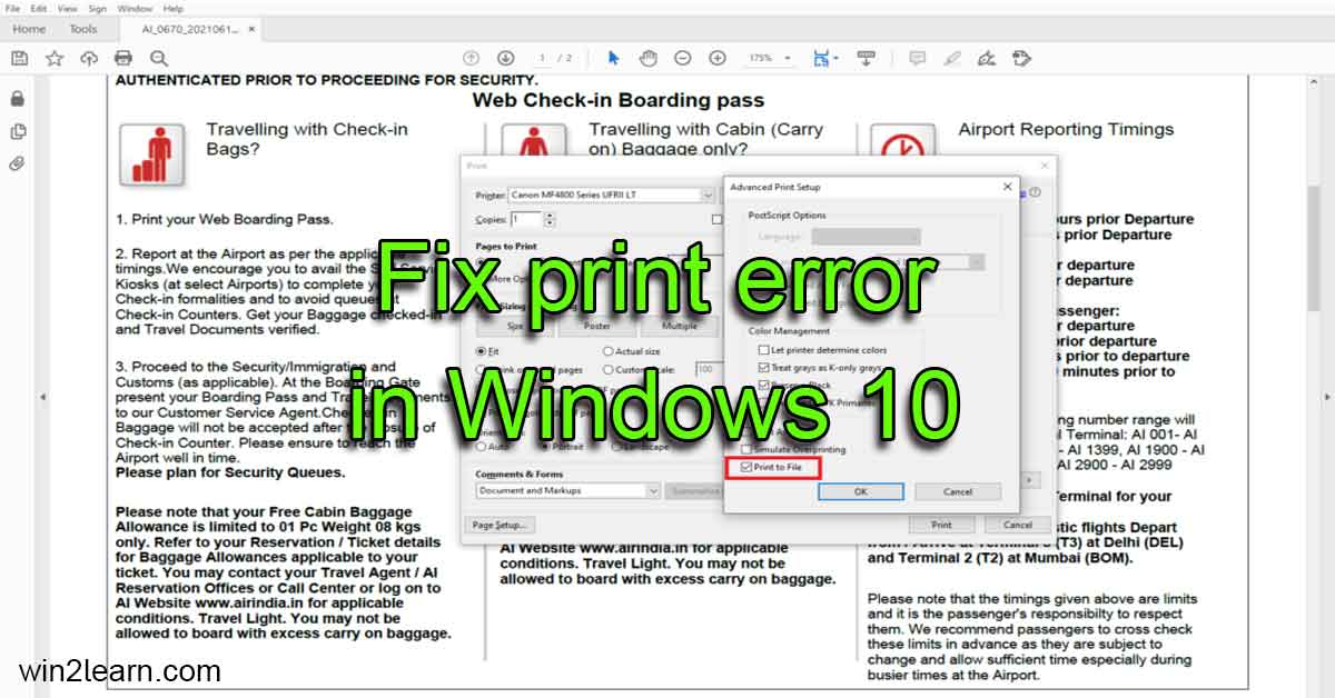 Fix print error in Windows 10